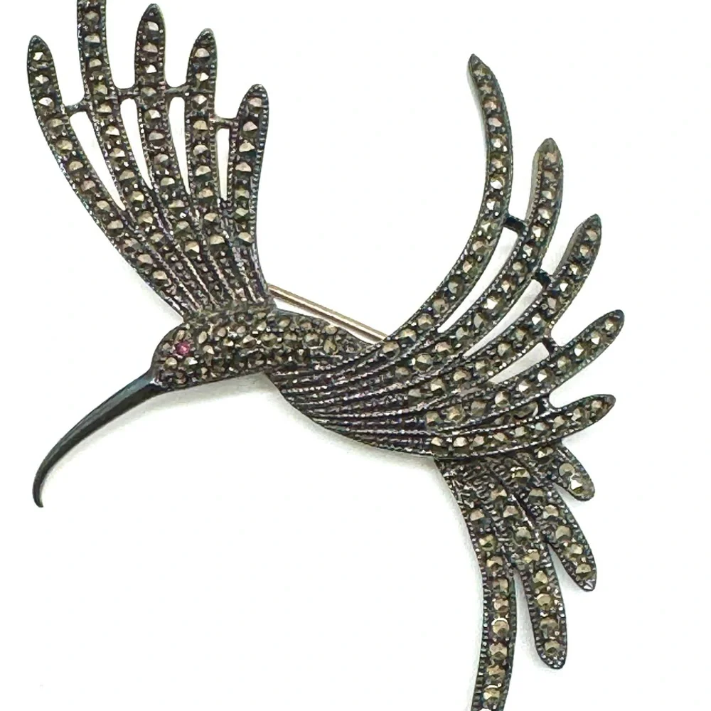 Judith Jack Sterling Silver and Marcasite Brooch Vintage Hummingbird Pin